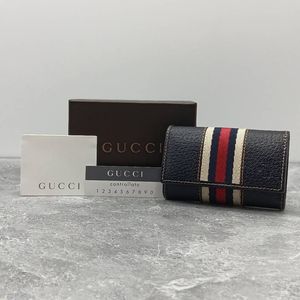 Gucci Unused Dark Blue Leather Sherry Line 6 Ring Key Holder With Box